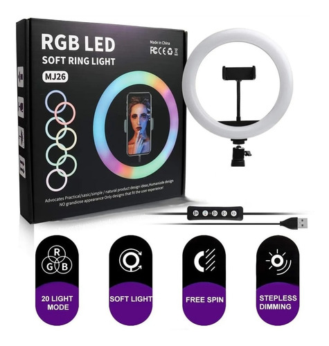 Lampara Aro Luz Led Rgb + Tripie 26cm Diam. Porta Celular